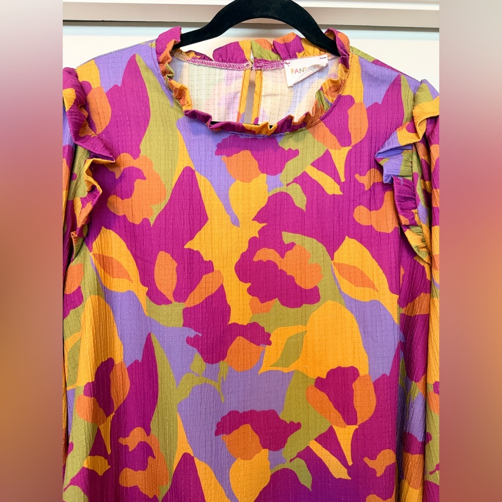 Fantastic Fawn Multicolor Purple and Yellow Ruffle Shoulder Long-sleeve Blouse